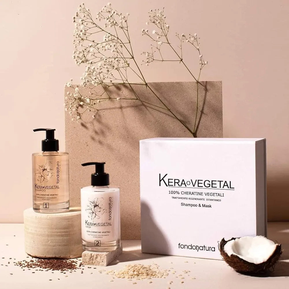 Fondonatura Kit Kera Vegetal Shampoo e Maschera da 215 ml - Trattamento Intensivo di ricostruzione con Keratina Vegetale per Riparazione e Nutrimento Profondo dei Capelli danneggiati